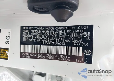 2021 Toyota Corolla Le из США, поврежденный, VIN JTDEPMAE6MJ169331